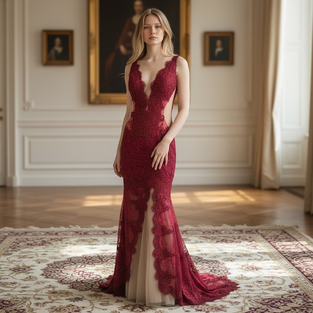 Burgundy Lace Mermaid Evening Gown Open Back Champagne Tulle Train Formal Dress